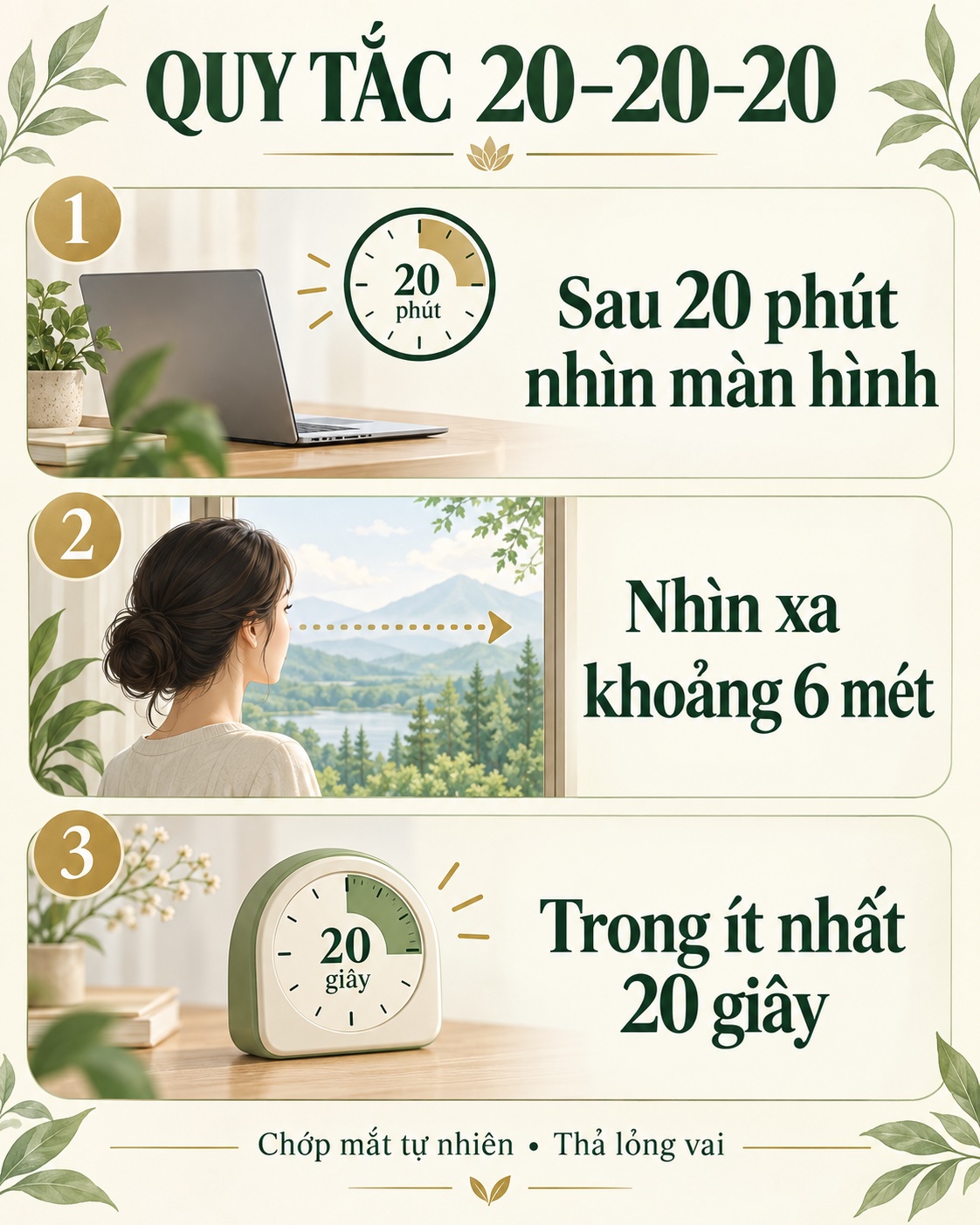 Quy tắc 20-20-20: sau 20 phút nhìn màn hình, nhìn xa khoảng 6 mét trong ít nhất 20 giây