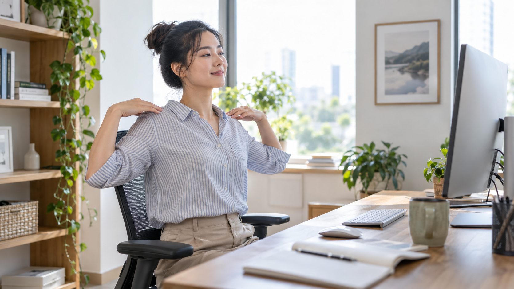 Nhân viên văn phòng vận động nhẹ vùng vai sau thời gian ngồi làm việc