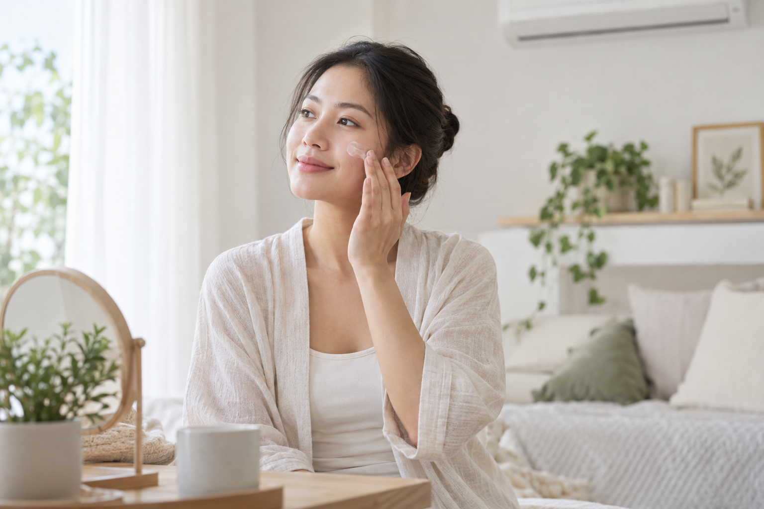 Người phụ nữ thoa kem dưỡng ẩm trong phòng điều hòa