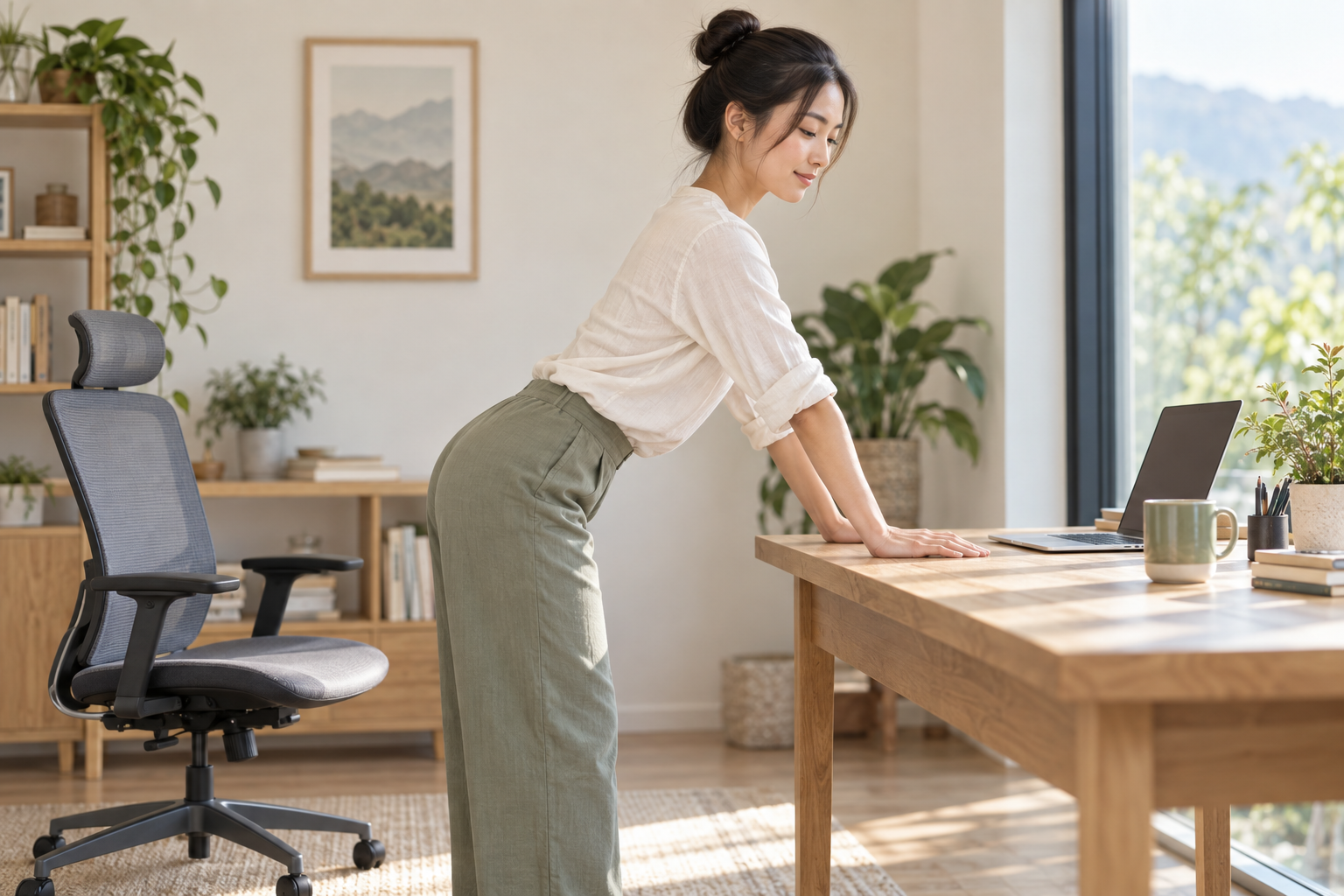 Người phụ nữ thực hiện động tác vận động nhẹ tại bàn làm việc