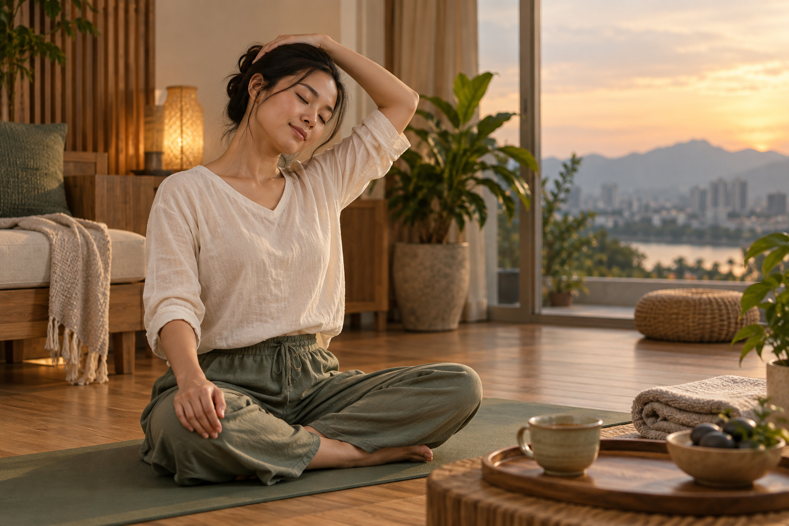 Người phụ nữ thư giãn cổ vai gáy sau ngày làm việc dài