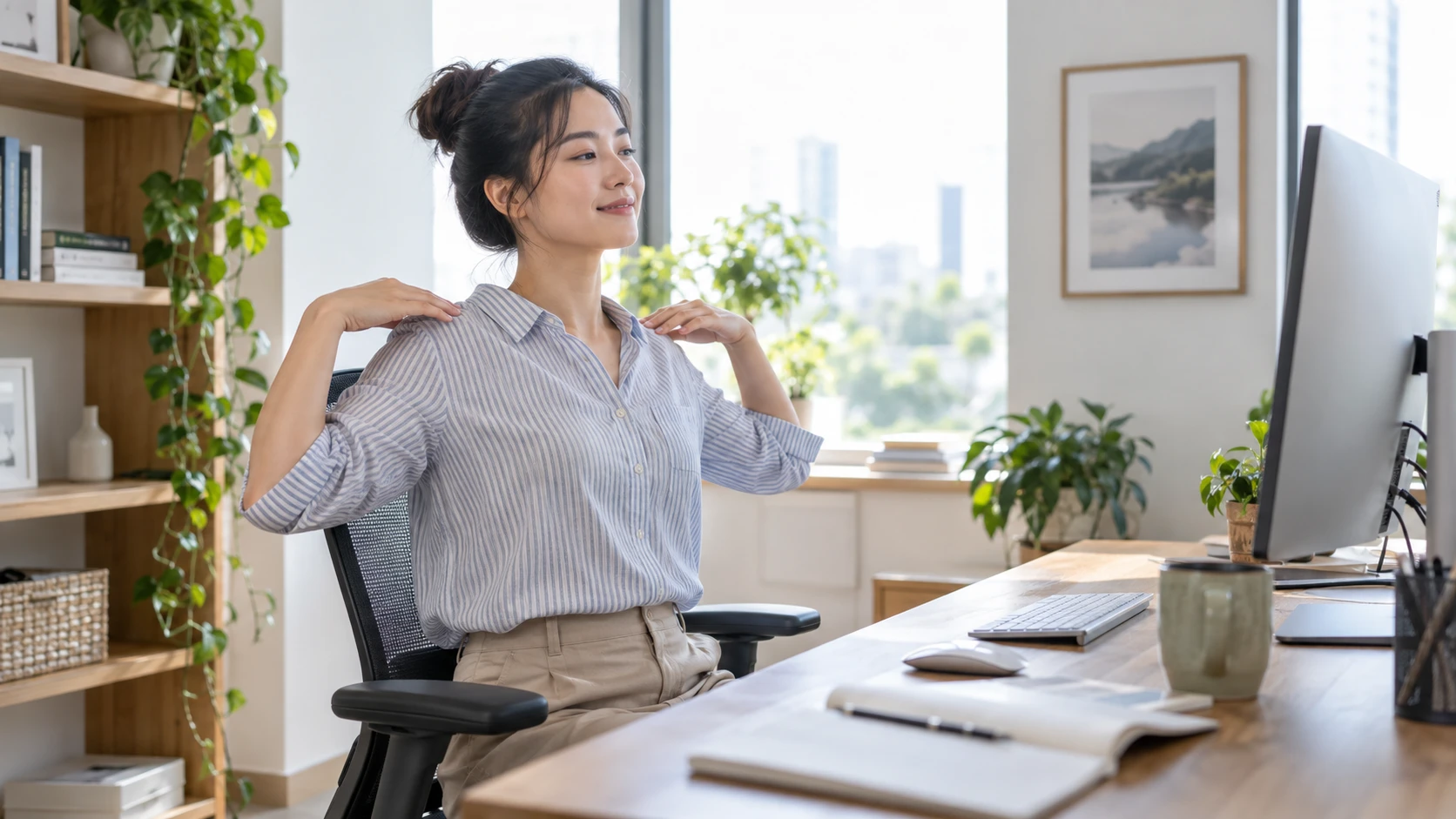 Office worker gently moving her shoulders after sitting at a desk